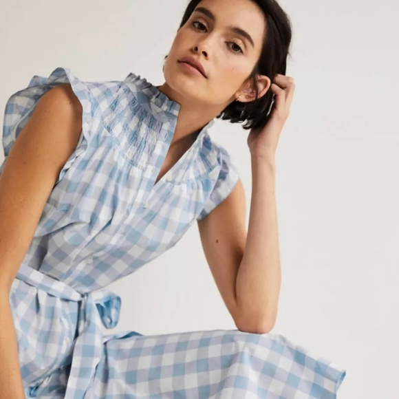 Boden Dusty Blue Gingham Midi Dress Size 10 Cotton Checkered Sundress - Picture 3 of 9